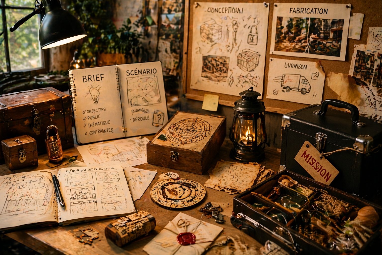 Matériel artisanal d'escape game sur mesure en cours de fabrication
